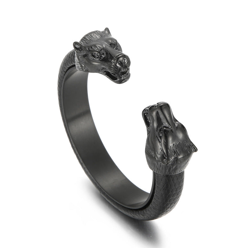 Men's Stainless Steel – Punk Style & Bold Wolf Head Titanium Steel Open-Leather Bracelet
