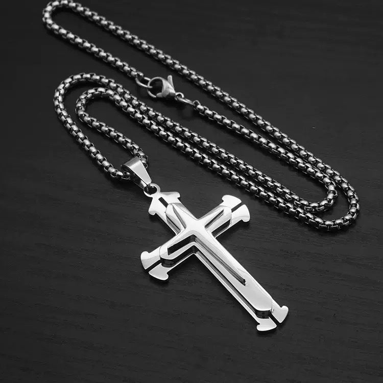 1. Planderful Stainless Steel Cross Necklace Men Three Layer Pendant Hip Hop Style Gift for Him