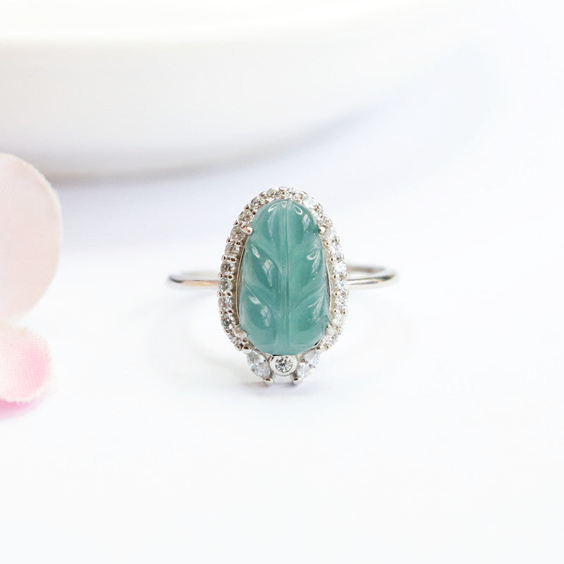 Sterling Silver Adjustable Ice Blue Green Jade Leaf Ring