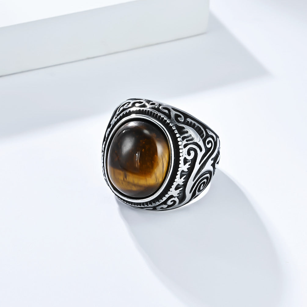 Planderful Mens Titanium Steel Ring With Tiger Eye Gem Retro Engraved Bold Statement Jewelry