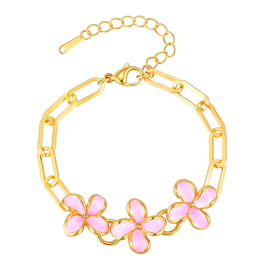 Stainless Steel Minimalist Pink Enamel Female Flower Bracelet
