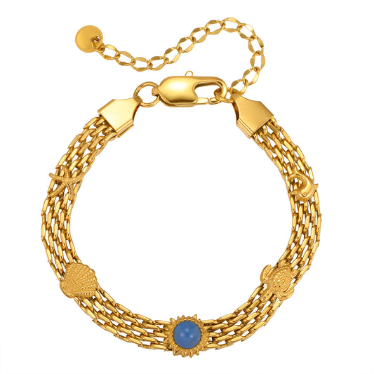 Ocean-Inspired Stainless Steel Mesh Strap Starfish Turtle Sun Natural Blue Chalcedony Bracelet