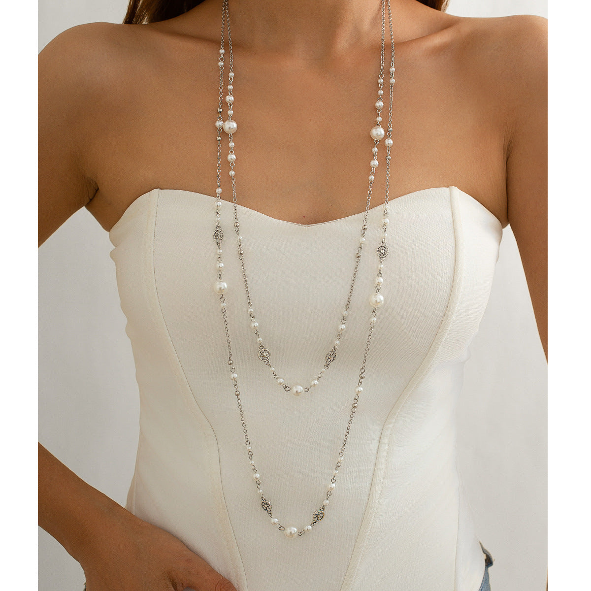 Retro Star-Shaped Fringed Sweater Chain For Imitation Pearls Stacked With Long Necklaces Necklace