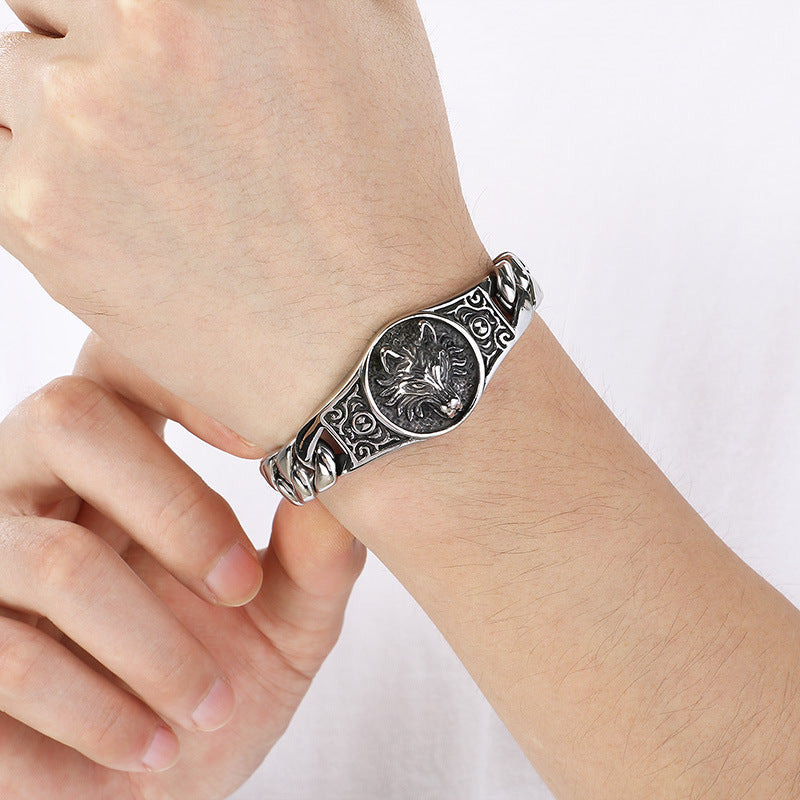 Punk Style – Wolf King Round Brand Layered Cuban Chain Titanium Bracelet