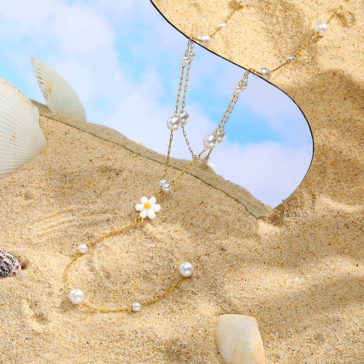 Girls Sweet Wind Stainless Steel Size Imitation Pearl Flower Y-Shaped Necklace – Wind