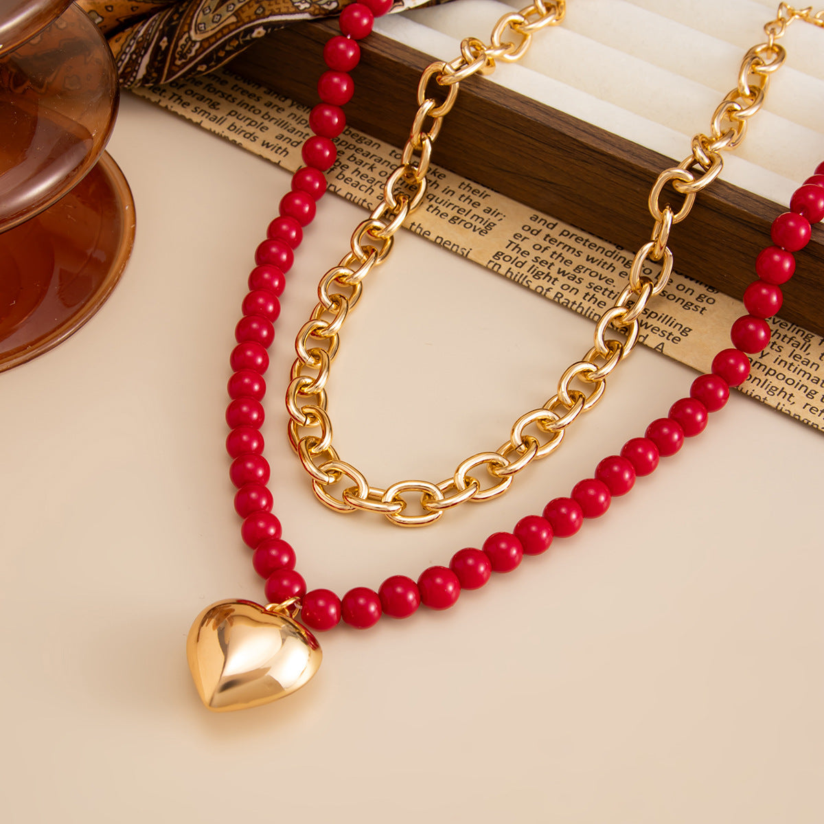 Red Beaded Ot Buckle Love Pendant Necklace Liquid Metal Rod Necklace