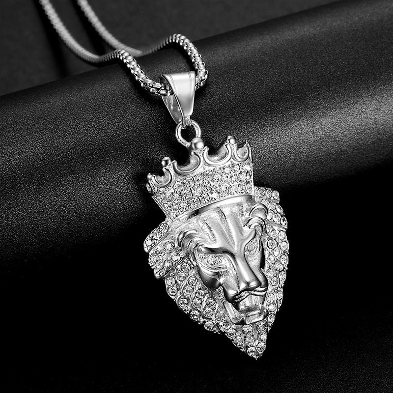 Planderful Hip Hop Lion Necklace Gold Plated Titanium Steel Rhinestone Crown Pendant For Hip Hop Fans