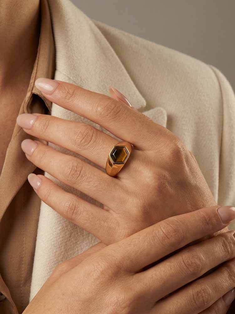 Stainless Steel Water Drop Natural Tiger's Eye Stone Oval Heart-Shaped Dongling Jade Ring