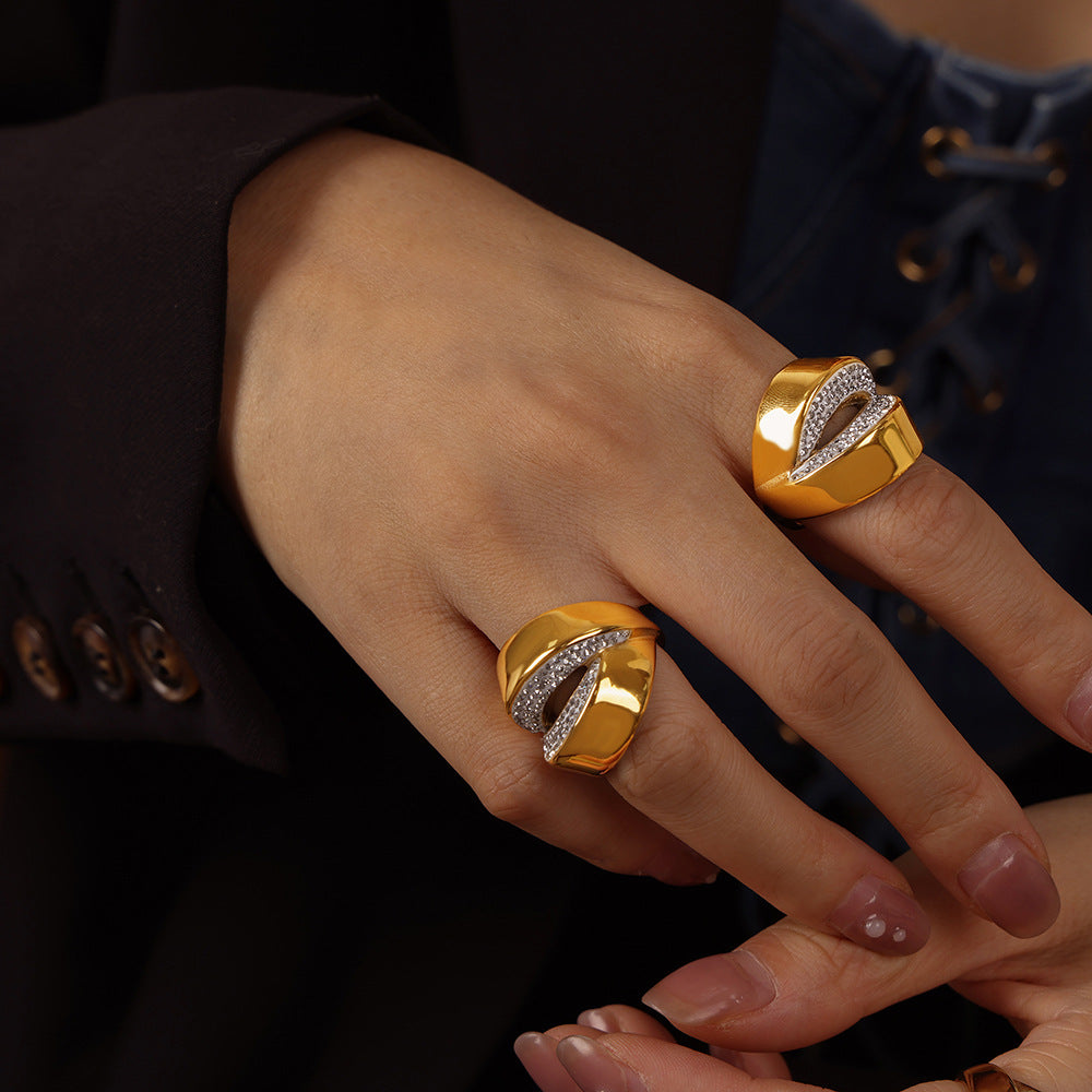 Gold-Plated Titanium Steel Geometric Zircon-Set Open Ring for Women