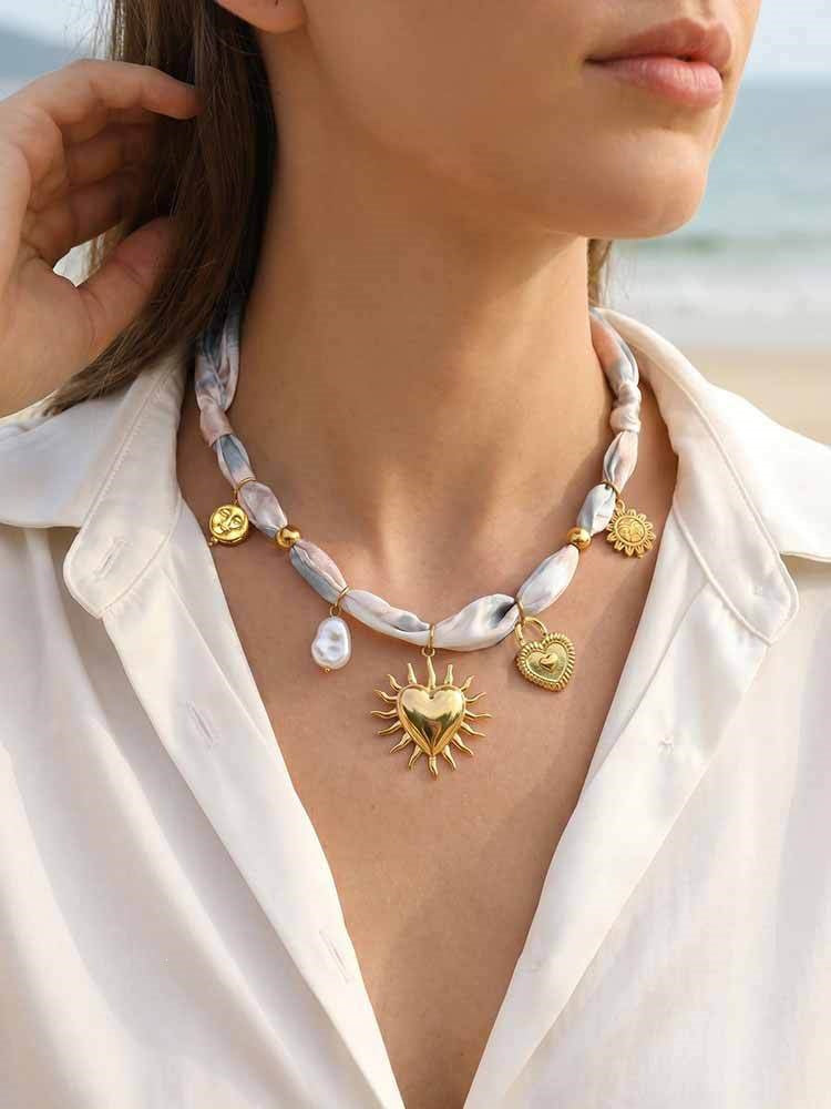 European – American Bohemian Stainless Steel Imitation Pearl Sunflower Printing Silk Necklace