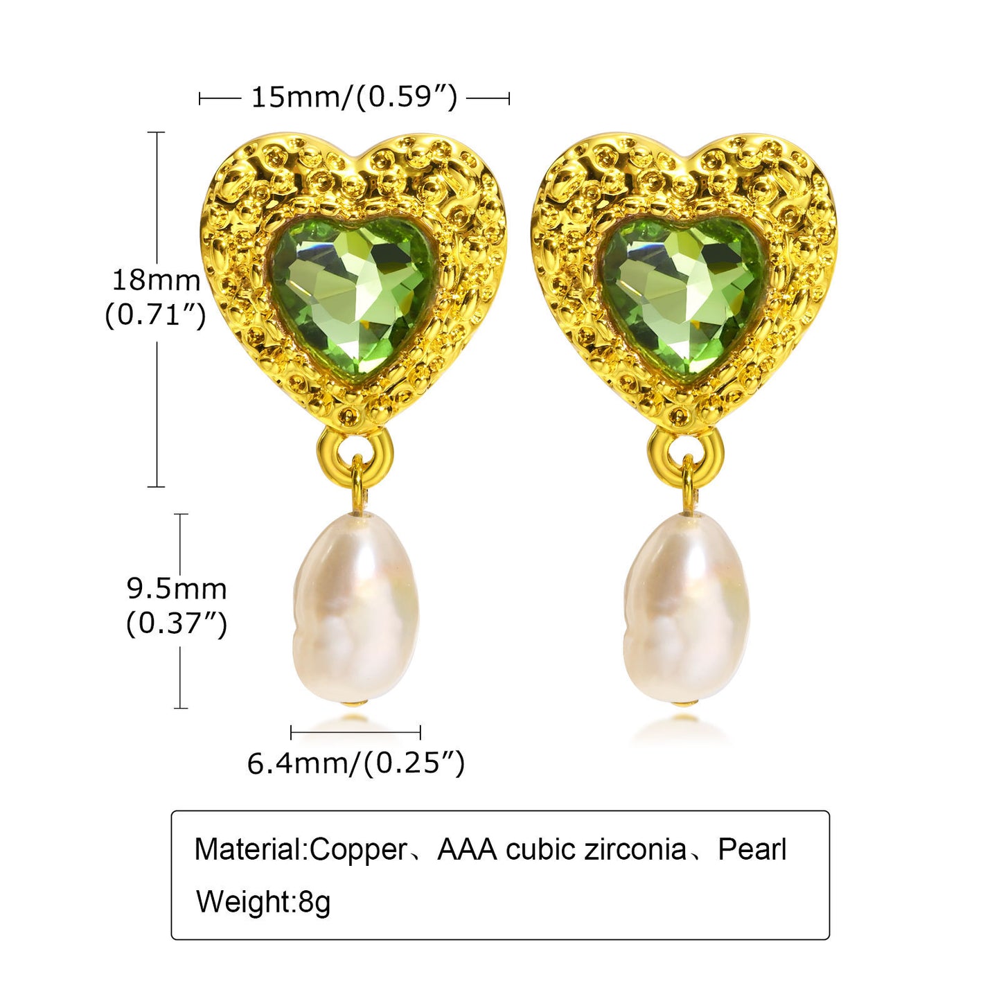 Earrings Heart-Shaped Green Zircon Love Purple Zircon Style