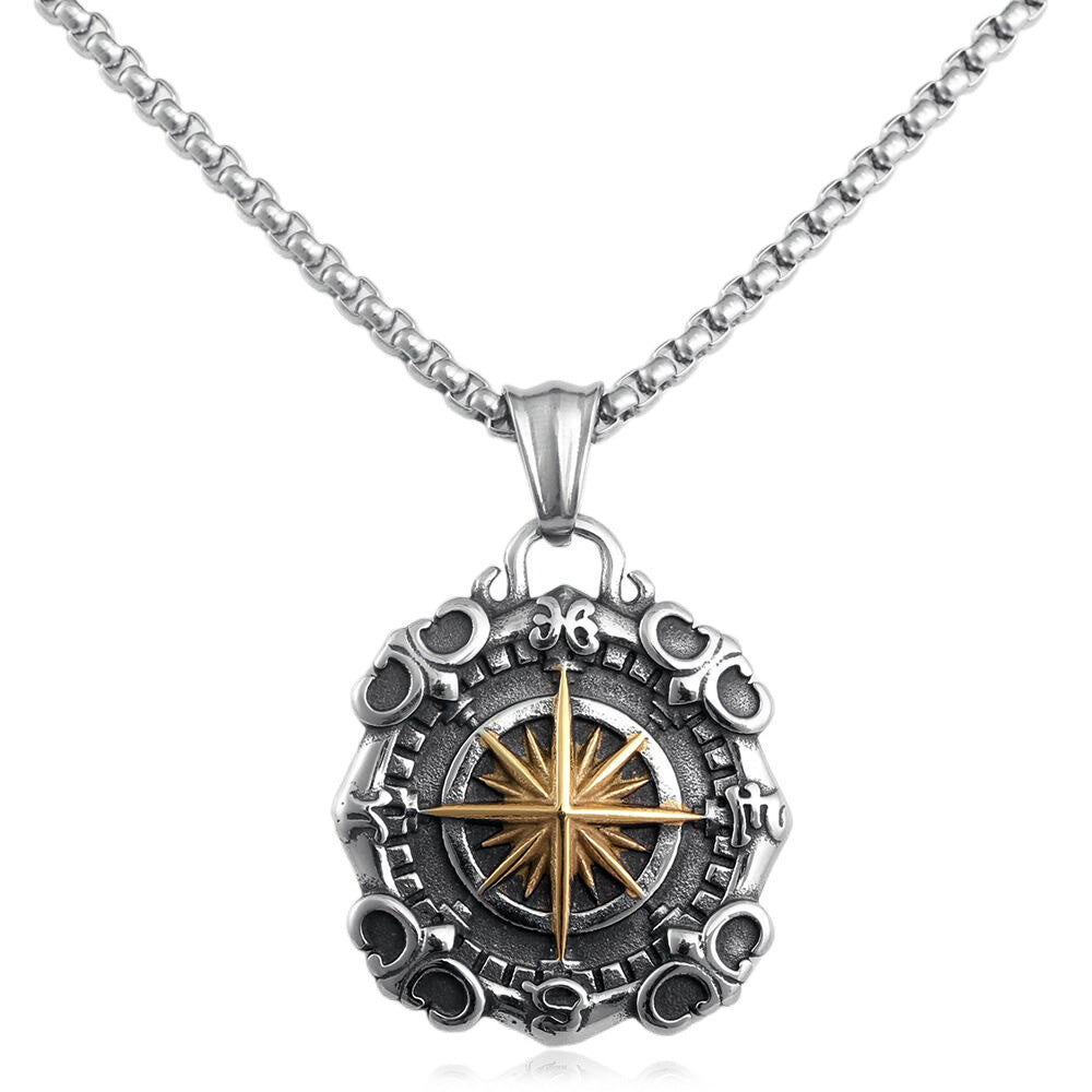 European And American Stainless Steel Compass Pendant Necklace