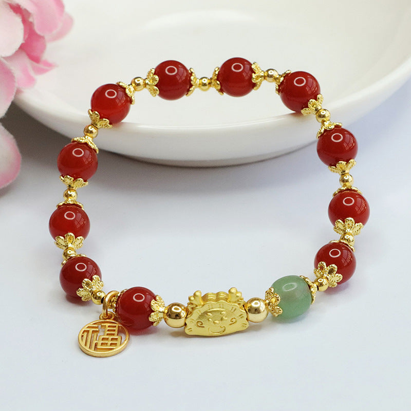 Dragon Blessings Natural Red Agate Sterling Silver Bracelet