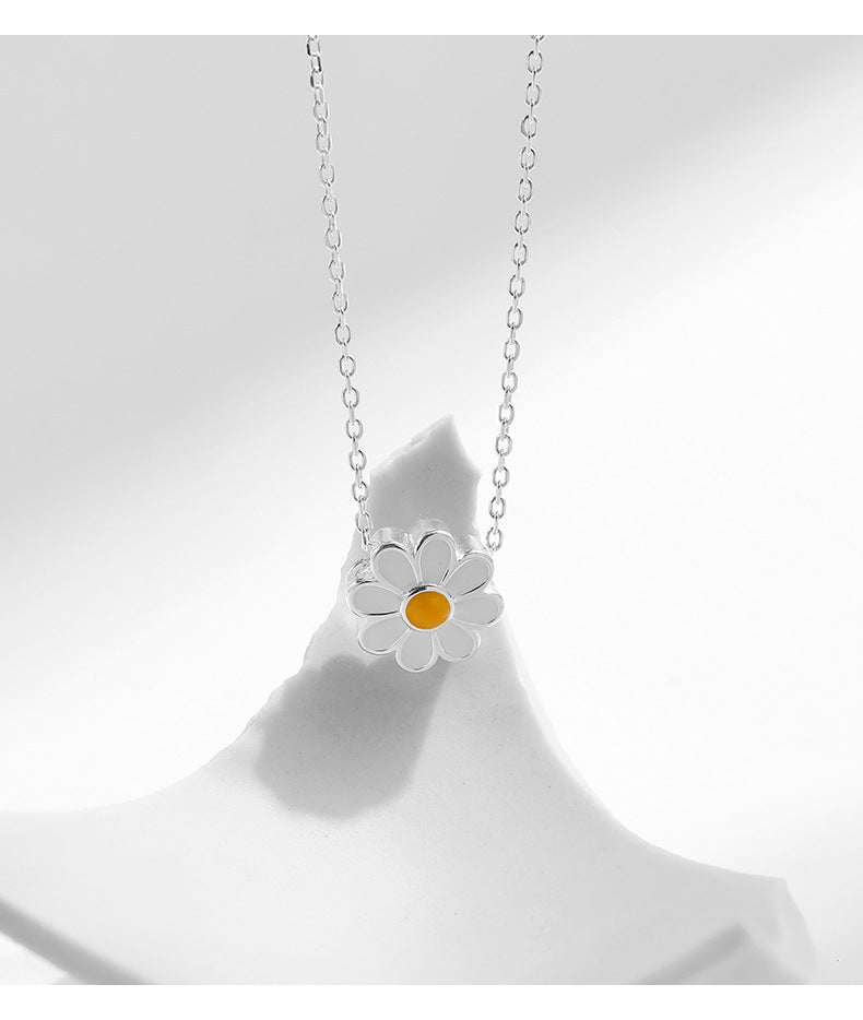 Sterling Silver Forest Daisy Necklace with Enamel Collar Chain for Women