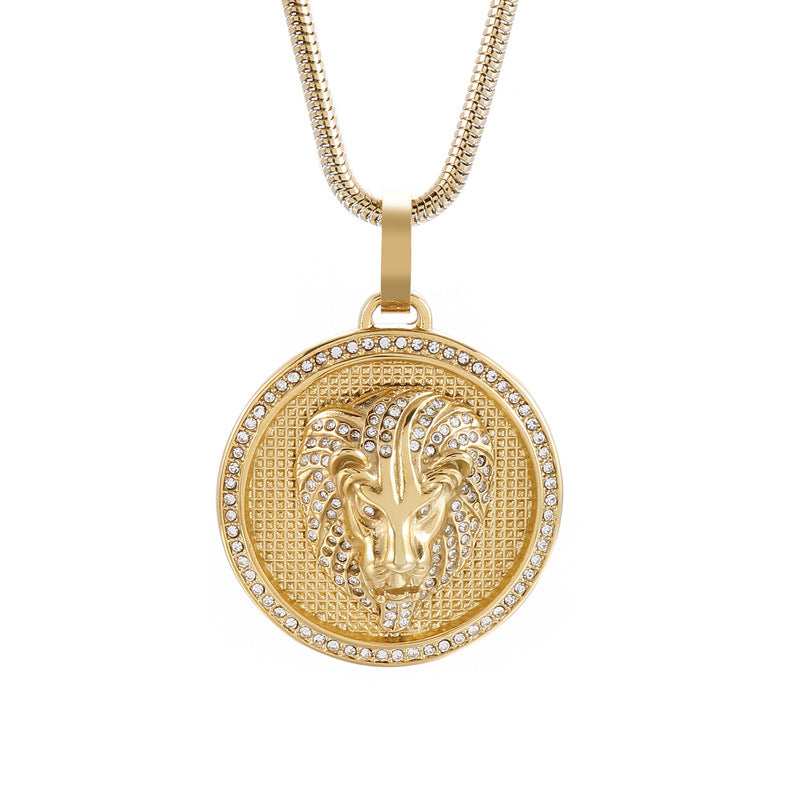 Rock Hip Hop Round Pendant, Retro Electroplated 18k Gold Slightly Inlaid Zircon Lion Necklace