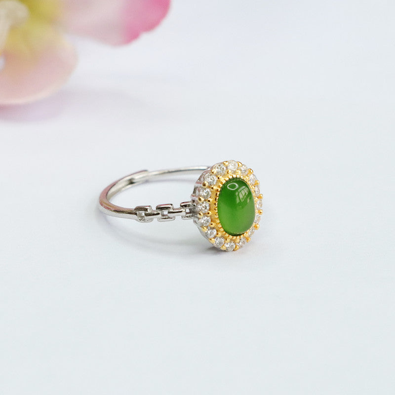 Sterling Silver Jasper and Golden Zircon Halo Jade Ring