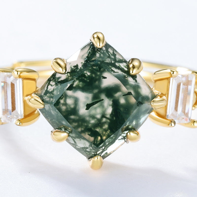 S925 Sterling Silver Moss Agate Geometric Minimalist Ring
