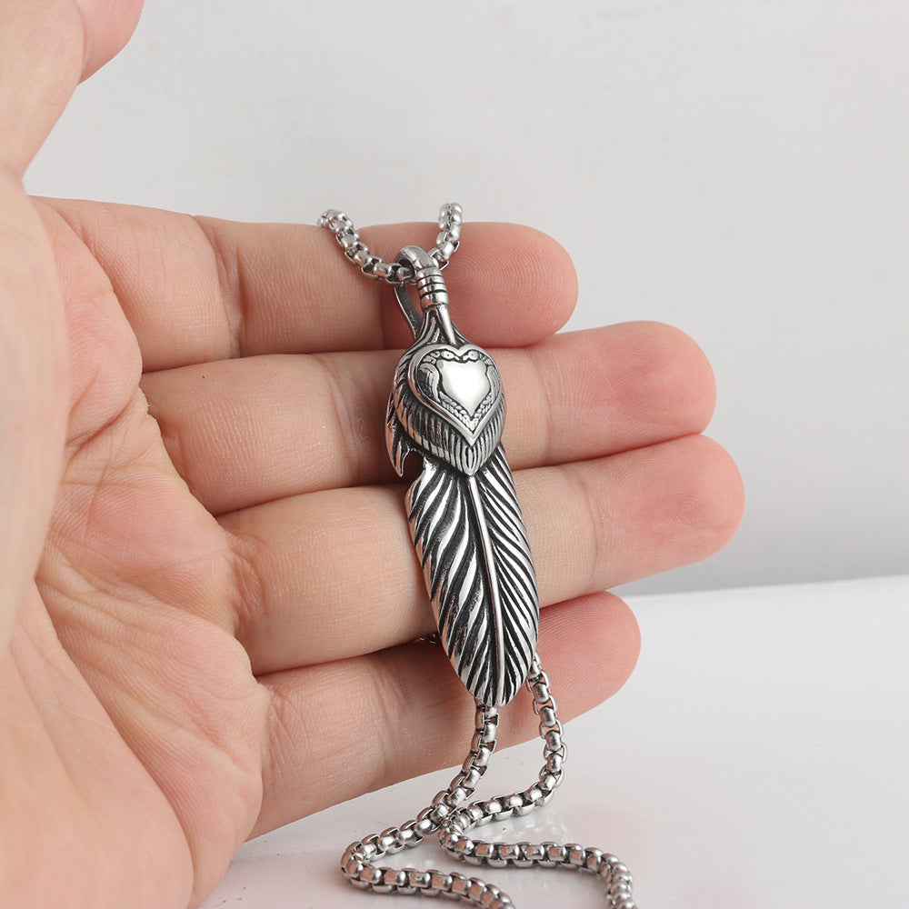 European And American Stainless Steel Feather Pendant Necklace