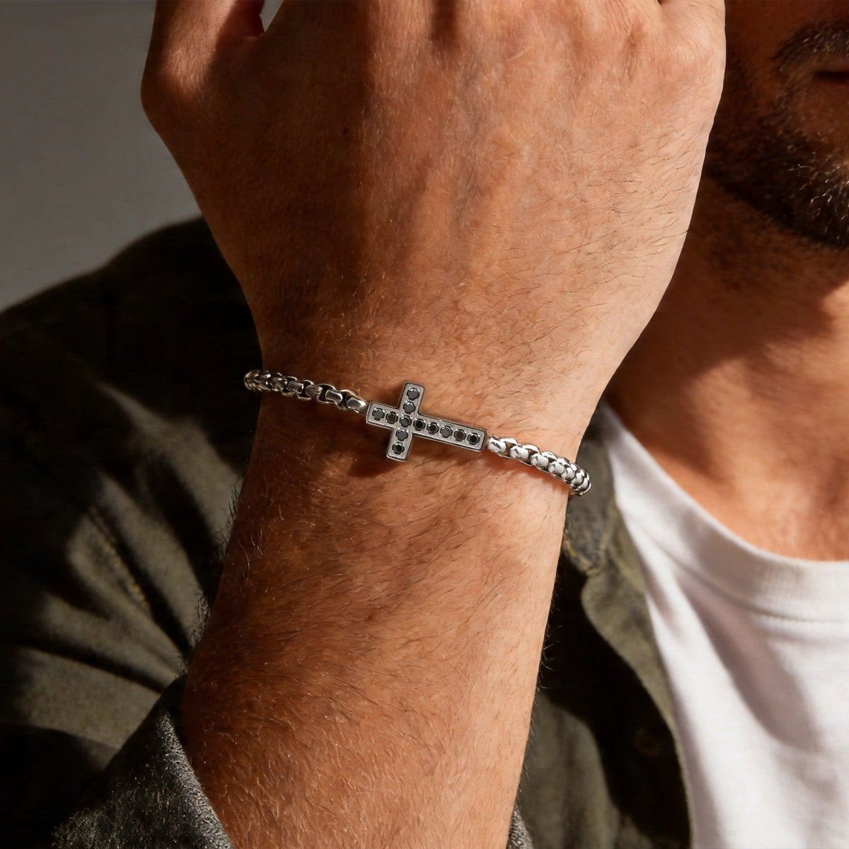 Cross Pearl Zircon Vintage Stainless Steel Bracelet