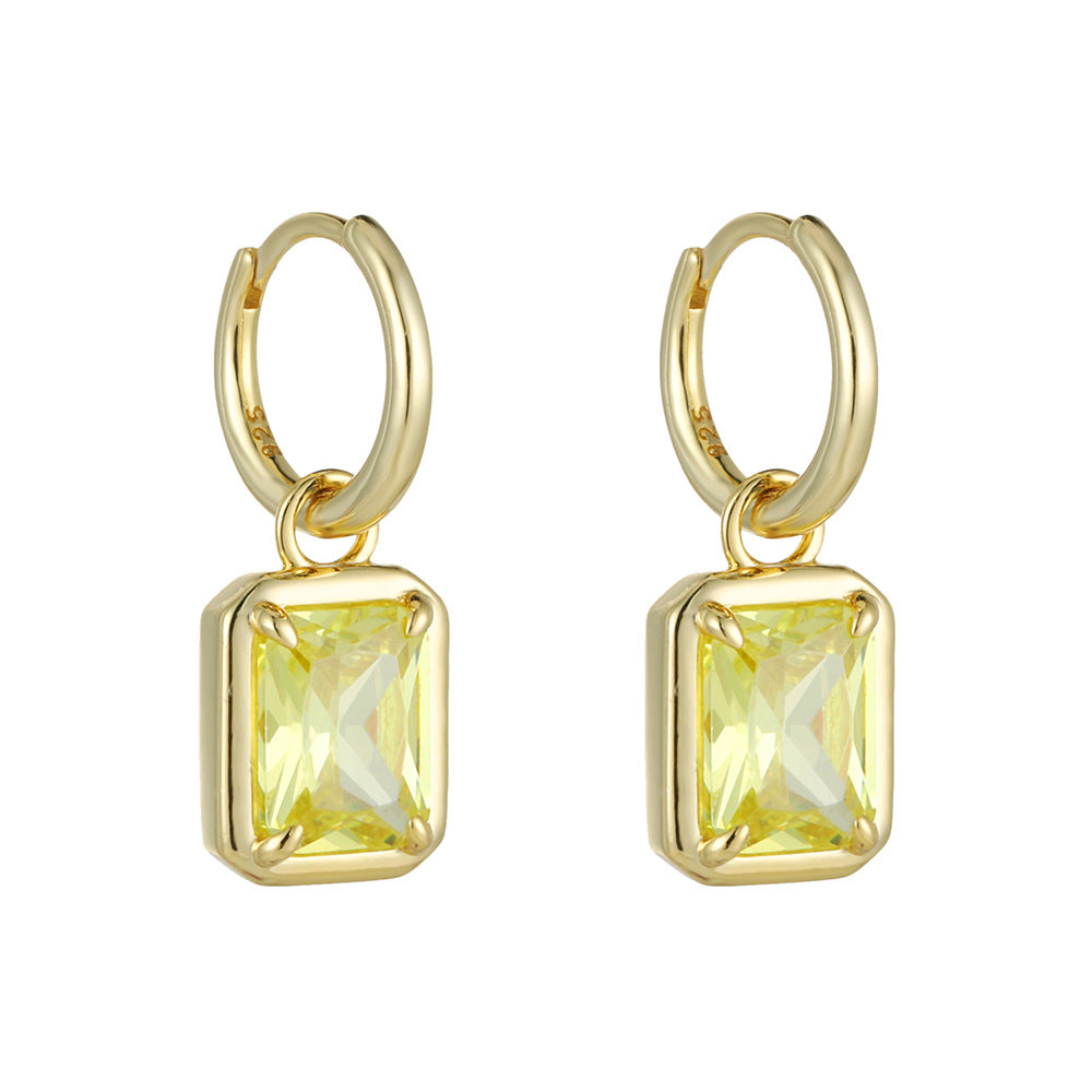 Zircon Inlaid Square Pendant Earrings Sterling Silver Earclips Fringed Earrings