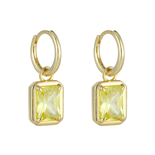 Zircon Inlaid Square Pendant Earrings Sterling Silver Earclips Fringed Earrings