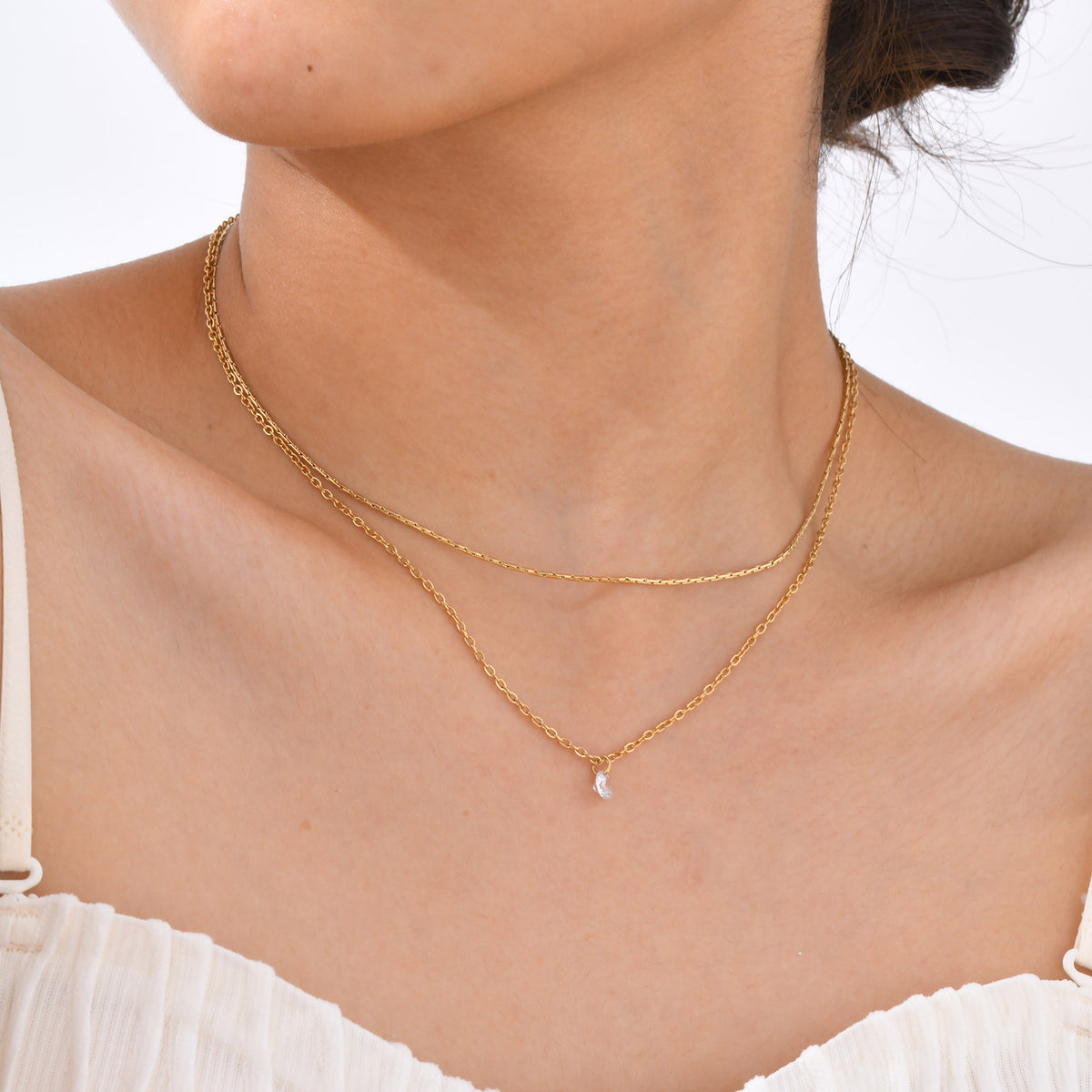 Stainless Steel Double Chain White Zircon Gold Necklace Female