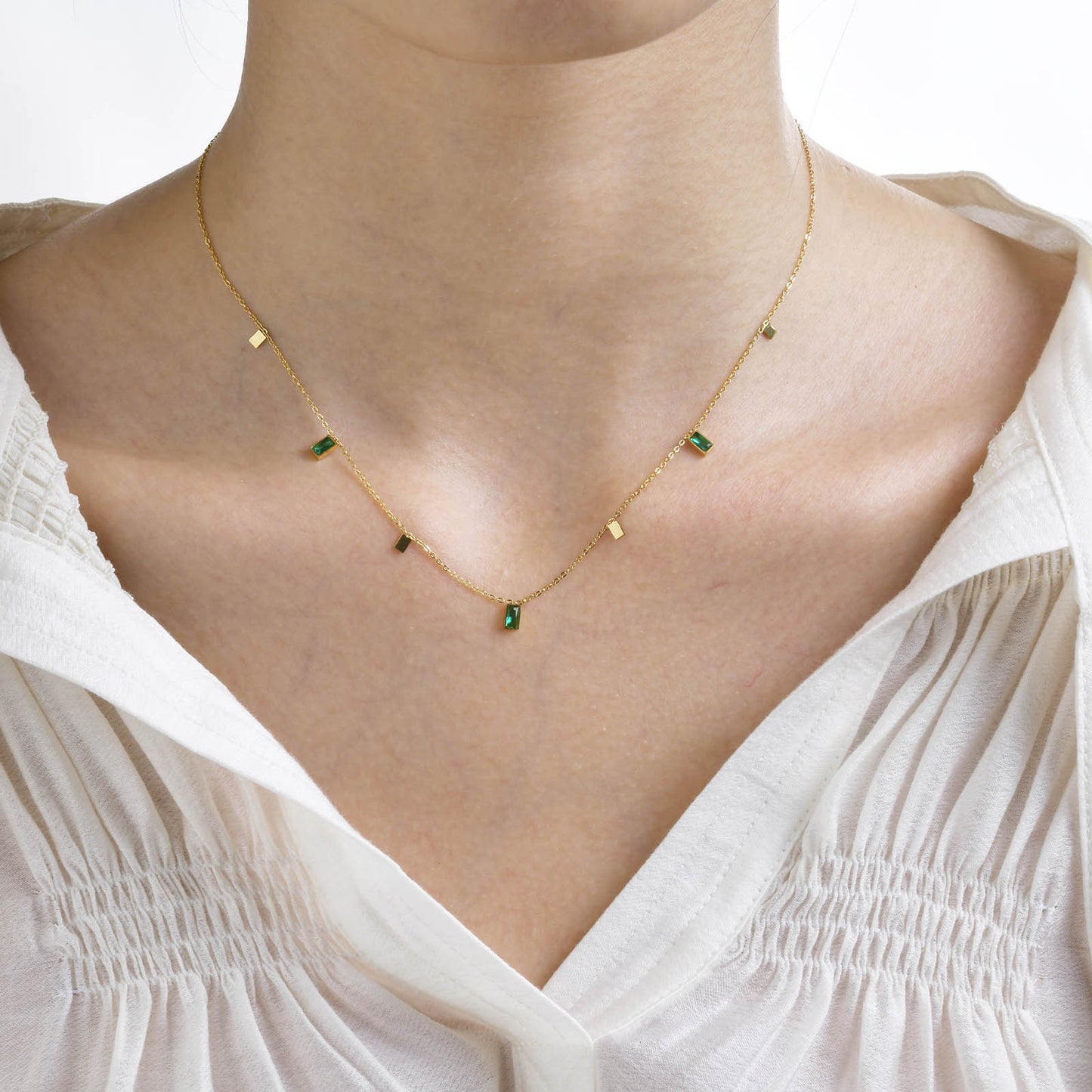 Stainless Steel Green Zircon Rectangular Necklace Gold Female