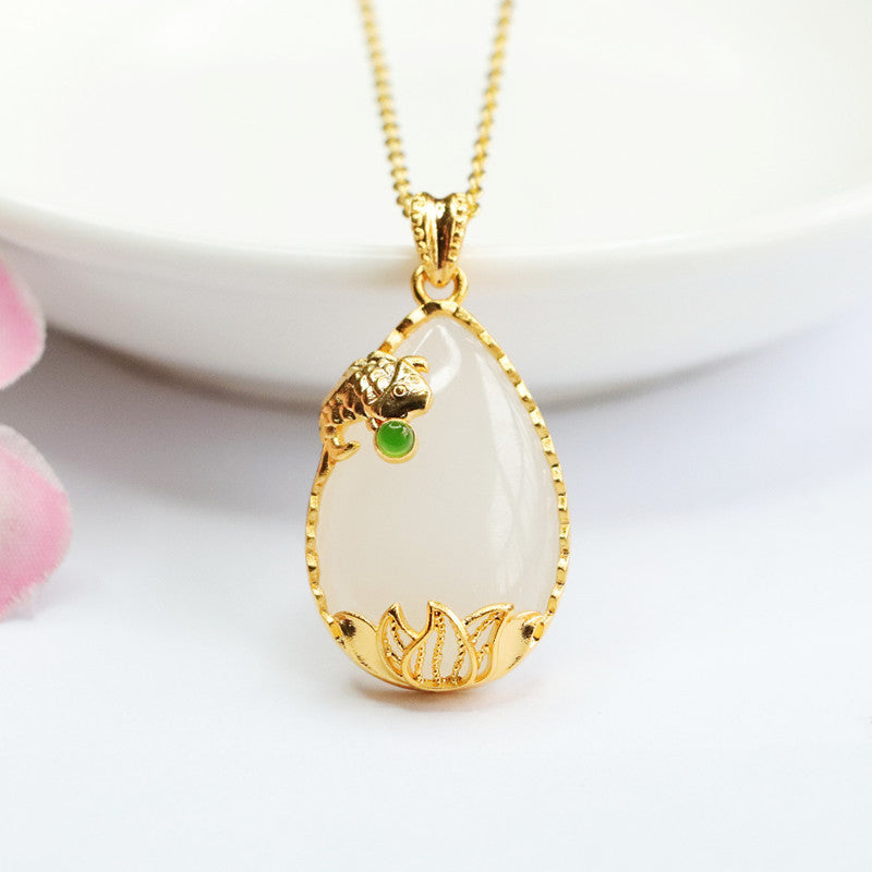 Jade Koi Necklace with Water Drop Hotan Jade Pendant