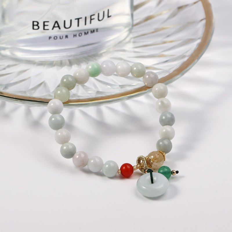 Golden Hair Crystal and Red Agate Jadeite Bracelet with Sterling Silver Safety Buckle