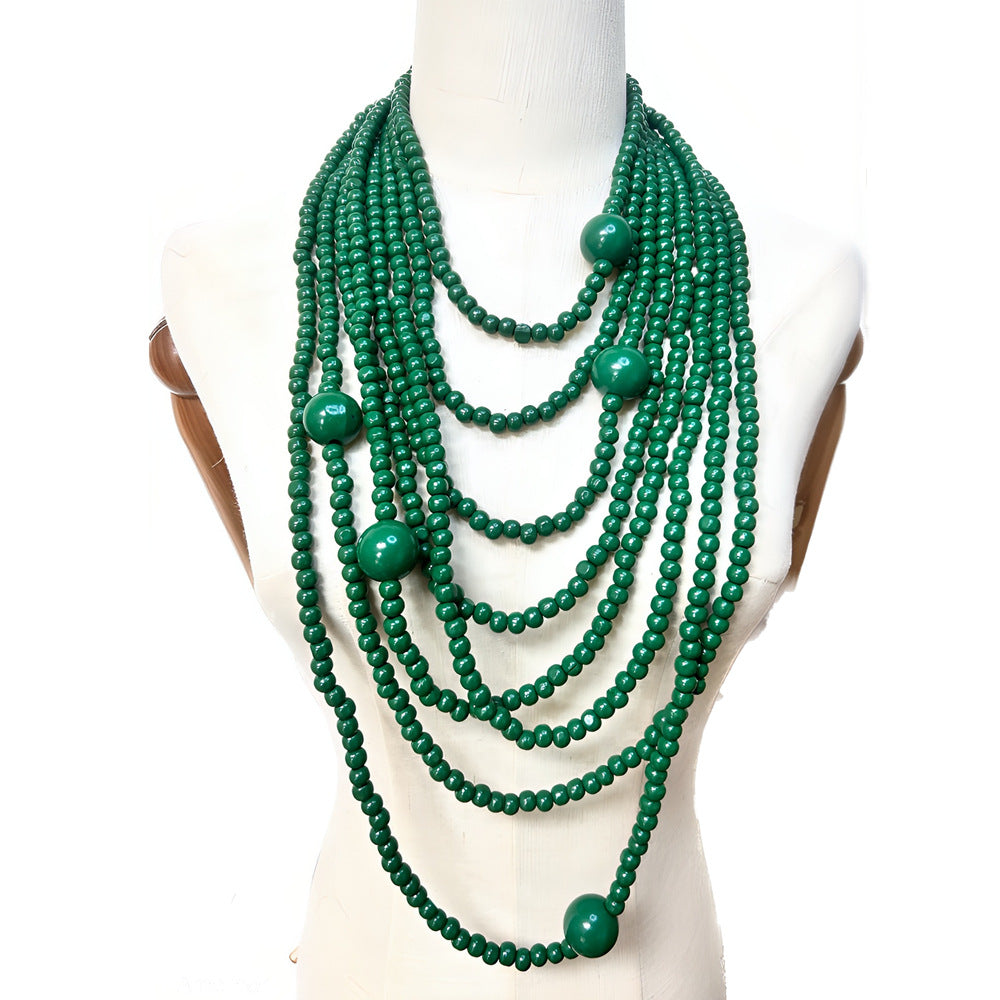 North American Inspired Multi-layer Wooden Bead Necklace with Exaggerated Cross-border Jewelry Elements