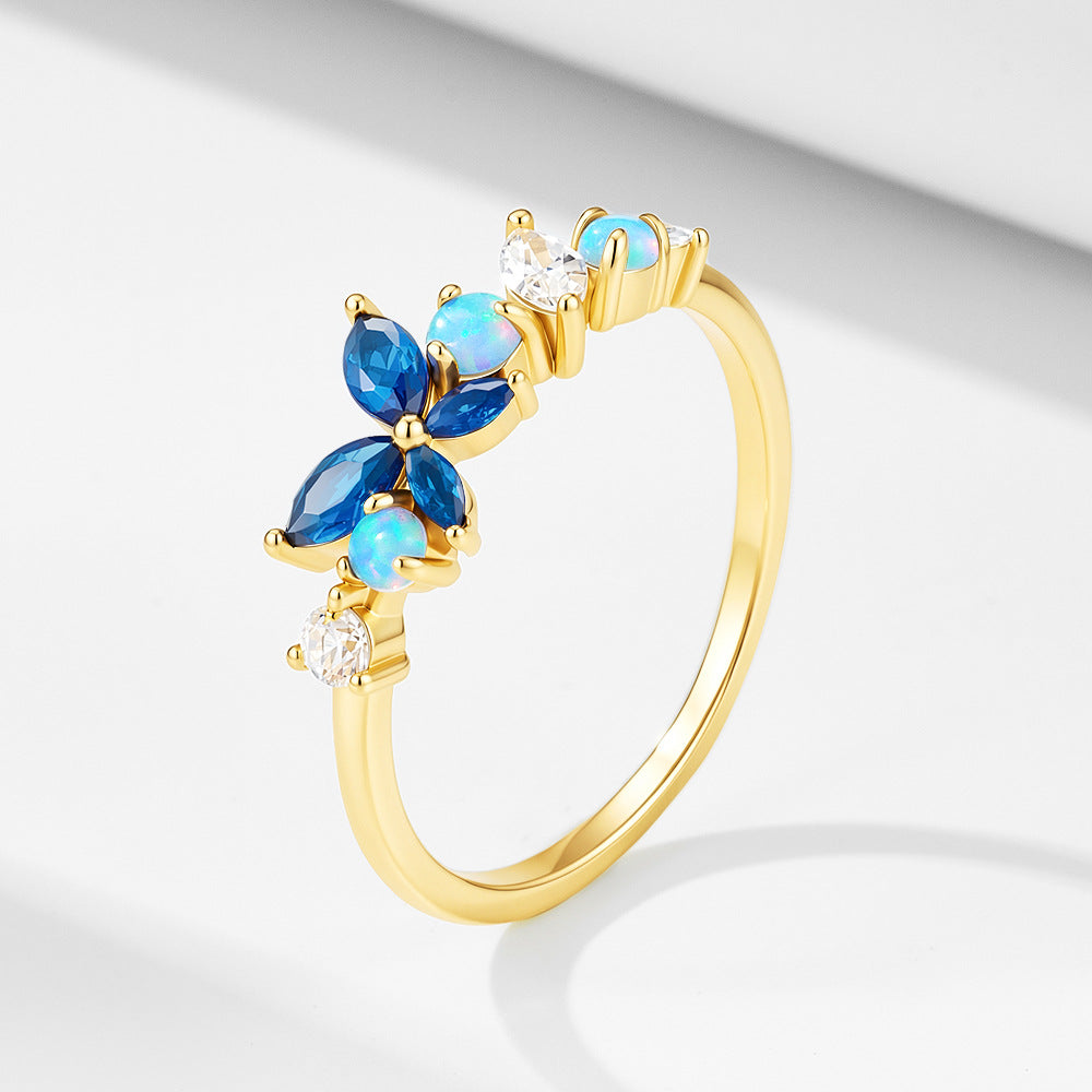 S925 Sterling Silver Zircon Opal Butterfly Ring