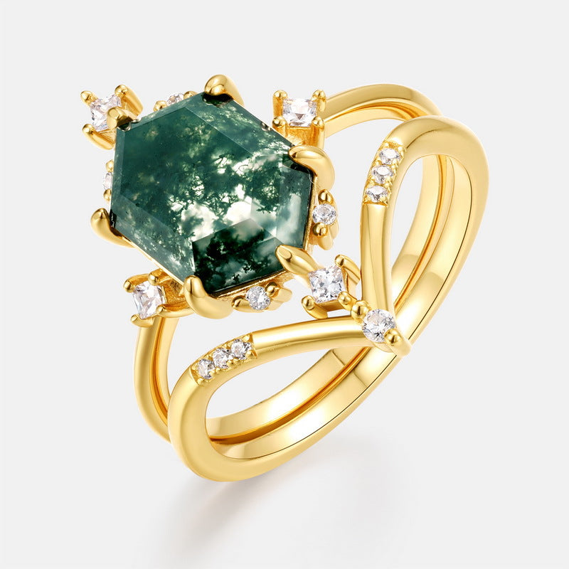 Planderful Jewelry Moss Agate Ring, Sterling Silver Hexagon