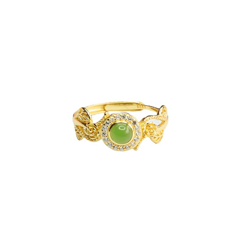 925 Sterling Silver Hetian Jasper Floral Leaf Ring
