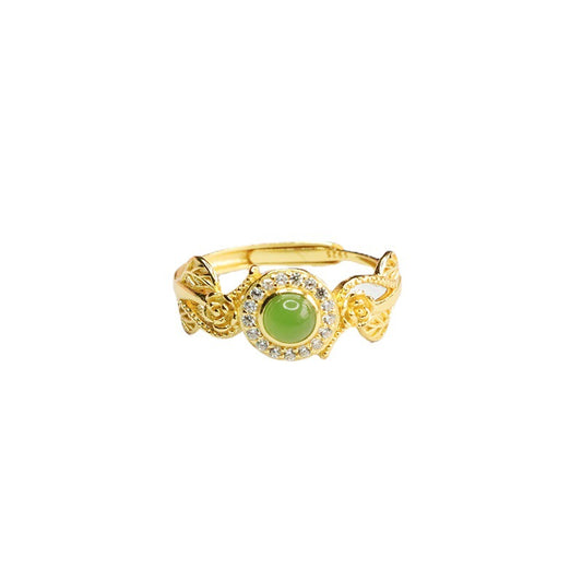 925 Sterling Silver Hetian Jasper Floral Leaf Ring