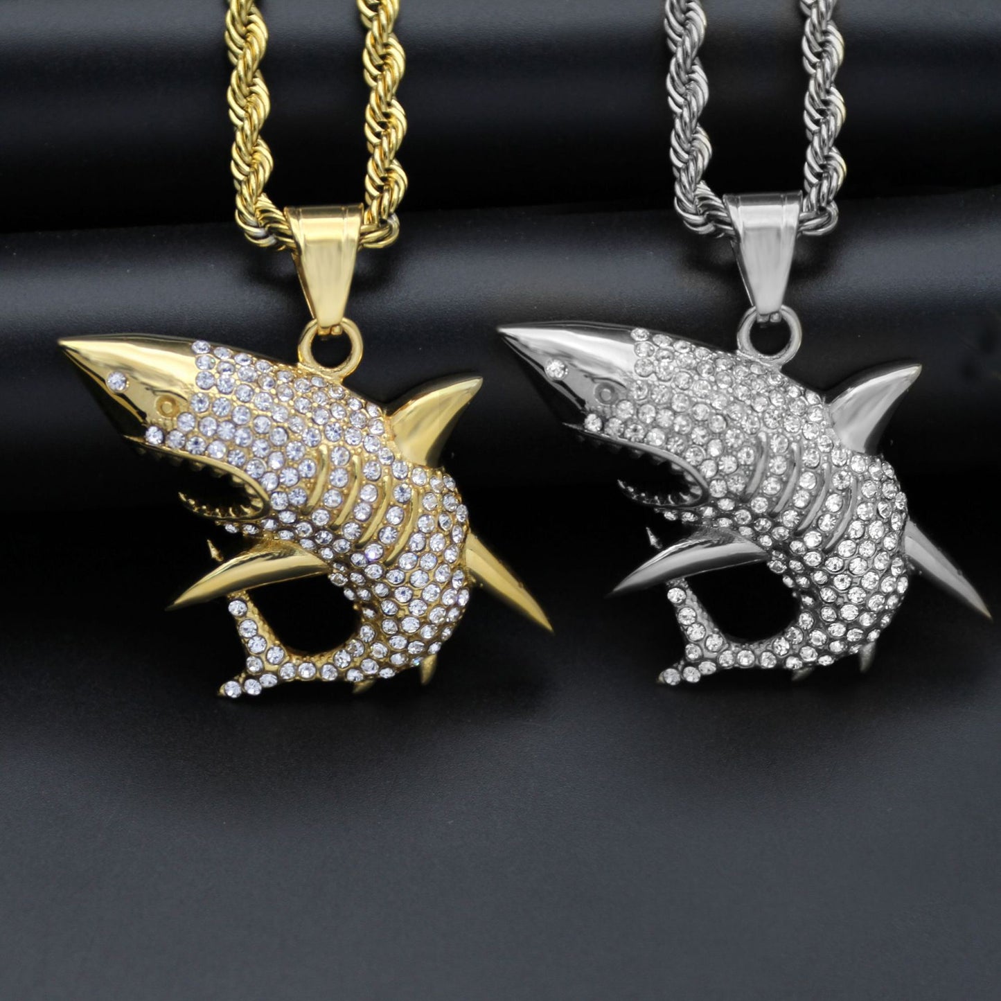 Planderful Titanium Steel Zircon Shark Pendant Unisex Hip Hop Jewelry Statement Accessory
