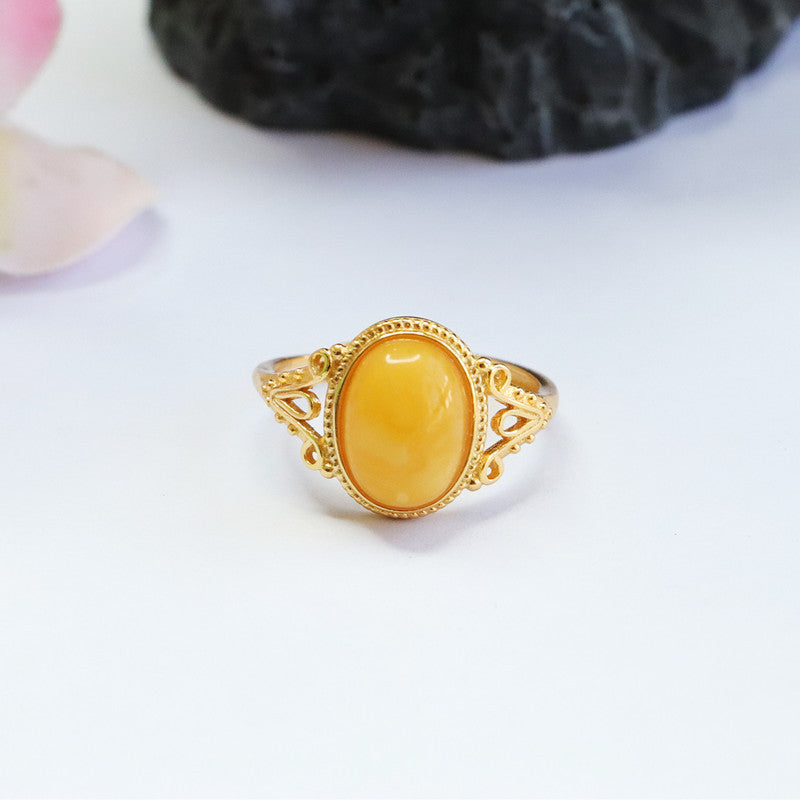 Honey Amber Sterling Silver V-Shaped Ring with Adjustable Opening
