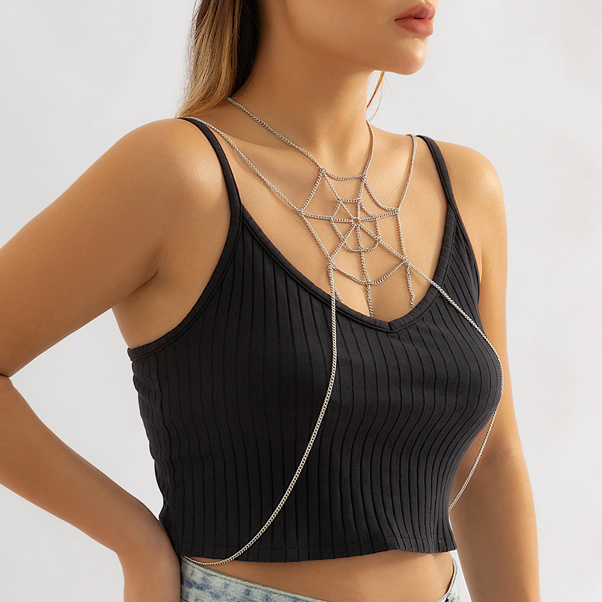 Sassy Metal Chain Necklace with Spider Web Pattern