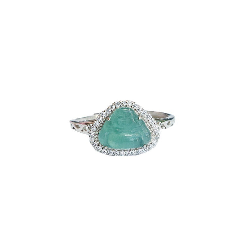 Icy Blue Jadeite Buddha Halo 925 Silver Ring