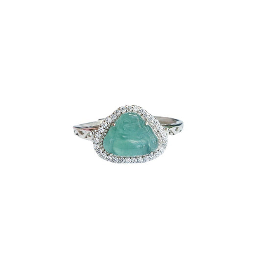 Icy Blue Jadeite Buddha Halo 925 Silver Ring