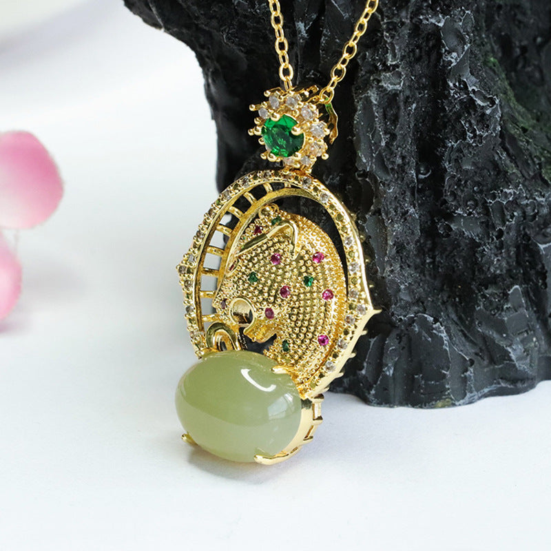 Leopard Head Jade Pendant with Zircon Accents