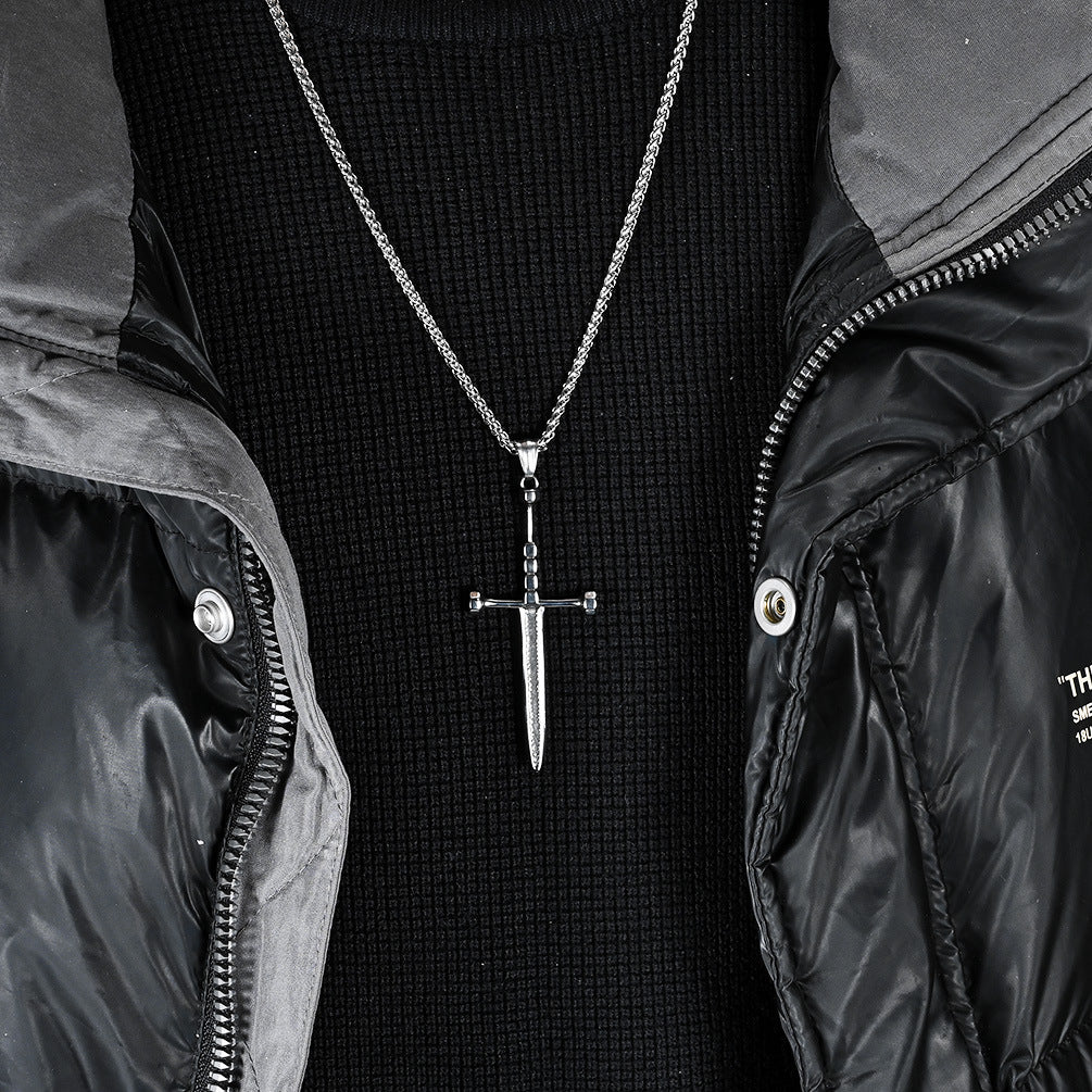 Planderful Double Bladed Cross Sword Necklace For Men Retro Self Defense Pendant Chain