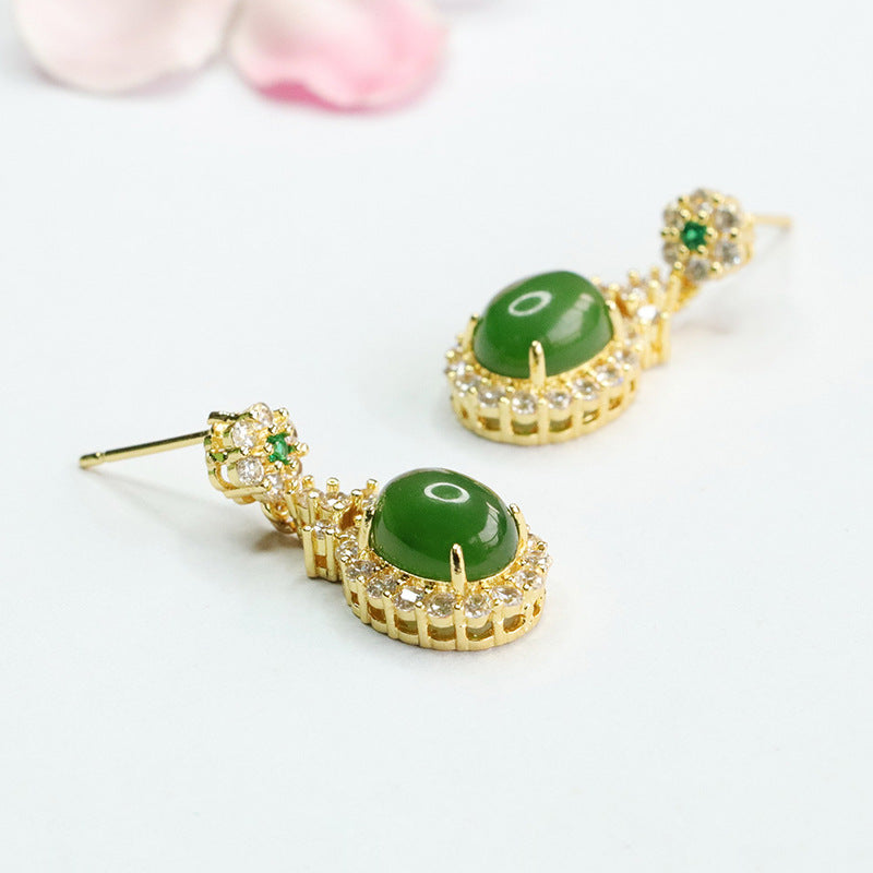 Green and White Zircon Sterling Silver Earrings with Jade Gemstones