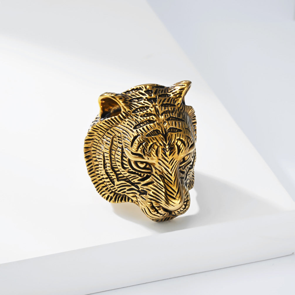 Planderful 3D Tiger Head Ring for Men Titanium Steel Durable Retro Domineering Style