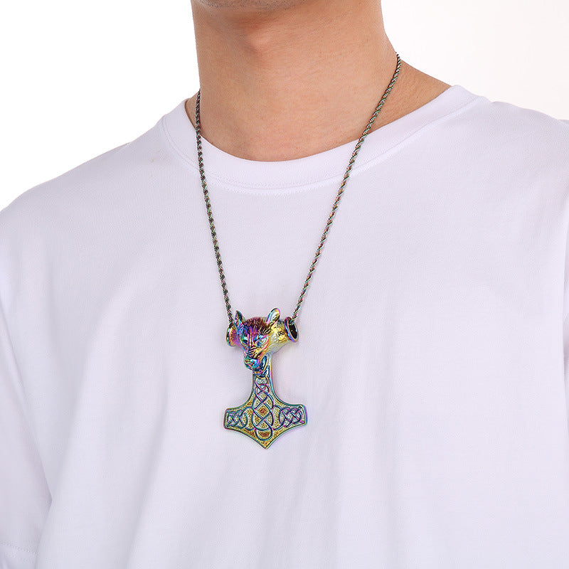 Retro Animal Pendant, Nordic Viking Wolf Head, Lion Head, Goat, Thor'S Hammer, Titanium Necklace
