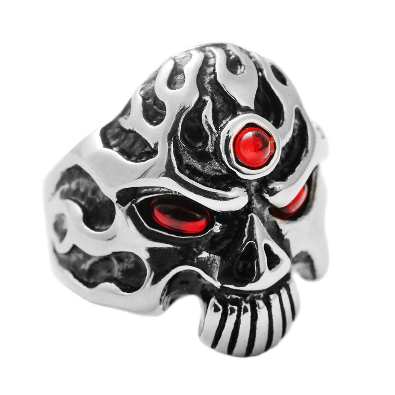Titanium Steel Retro Punk Flame Skull Ring for Men - European and American Style