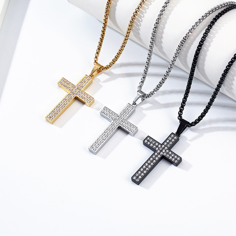 Planderful Cross Necklace Titanium Steel Zircon Inlaid Luxe Pendant For Urban Hip Hop Fans