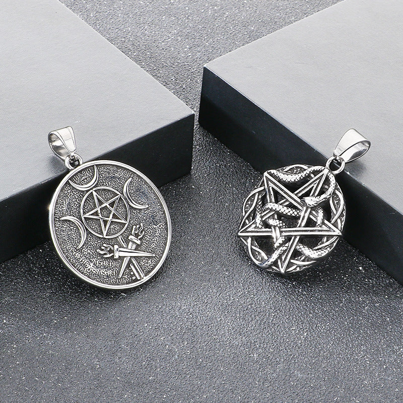 Retro Pentagram Triple Moon Necklace, Gothic Wind Snake Wrapped Pentagram Men's Titanium Steel