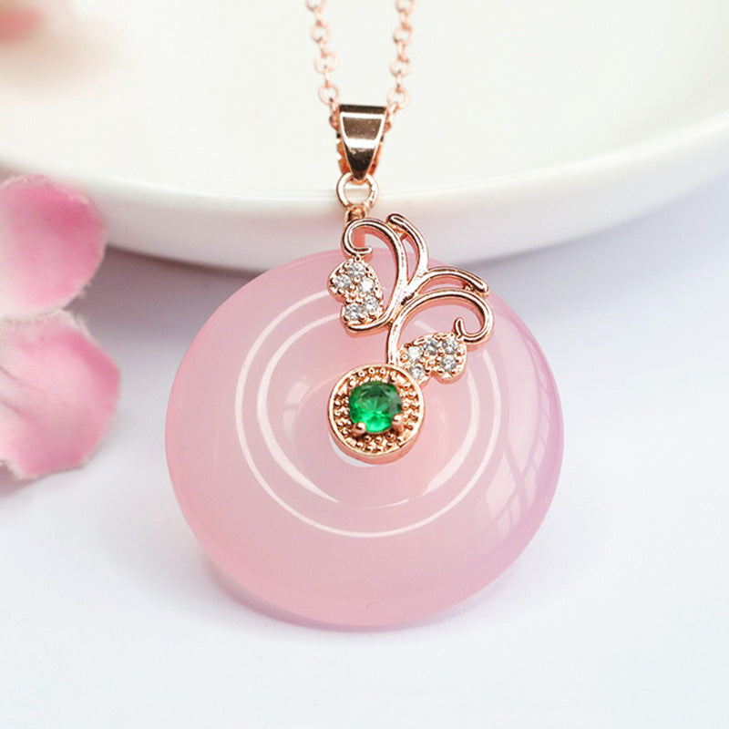 Rose Gold Necklace with Butterfly Pendant Featuring Natural Pink Chalcedony