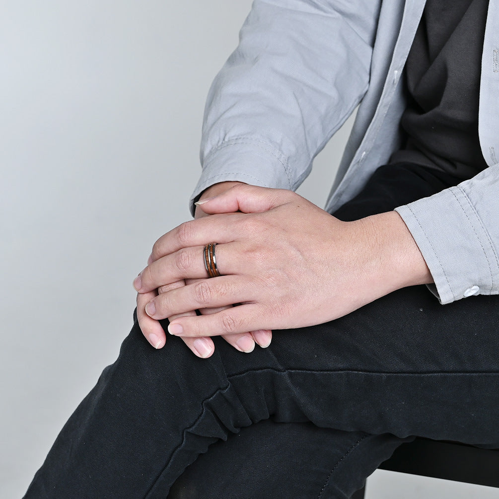 Planderful Tungsten Ring Unisex Parquet Leather Double Groove Gold Tone Durable Jewelry For Men And Women Couple