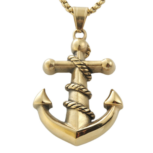 Titanium Steel Gold Anchor Hook Pendant Necklace for Men - Retro Trendy Design